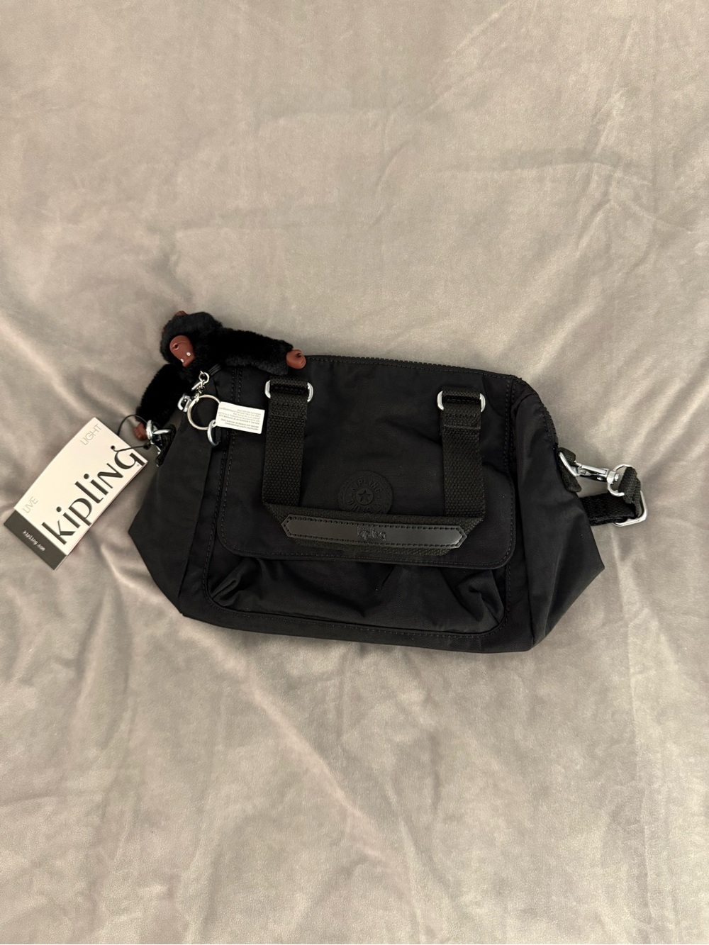 Kipling Black Nylon Crossbody Belt Bag with Monkey Charm